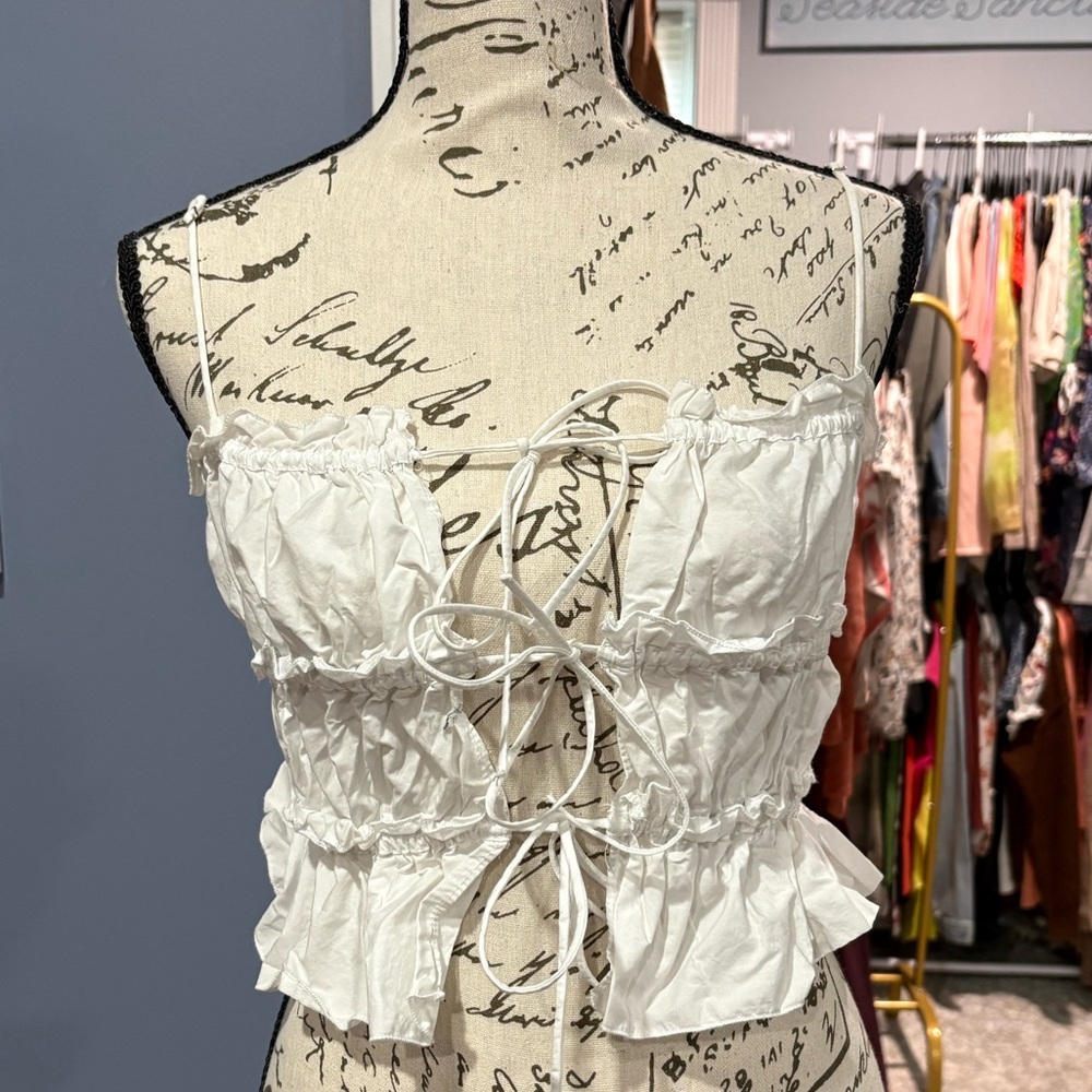 Zara White Lace-Up Ruffled Crop Top